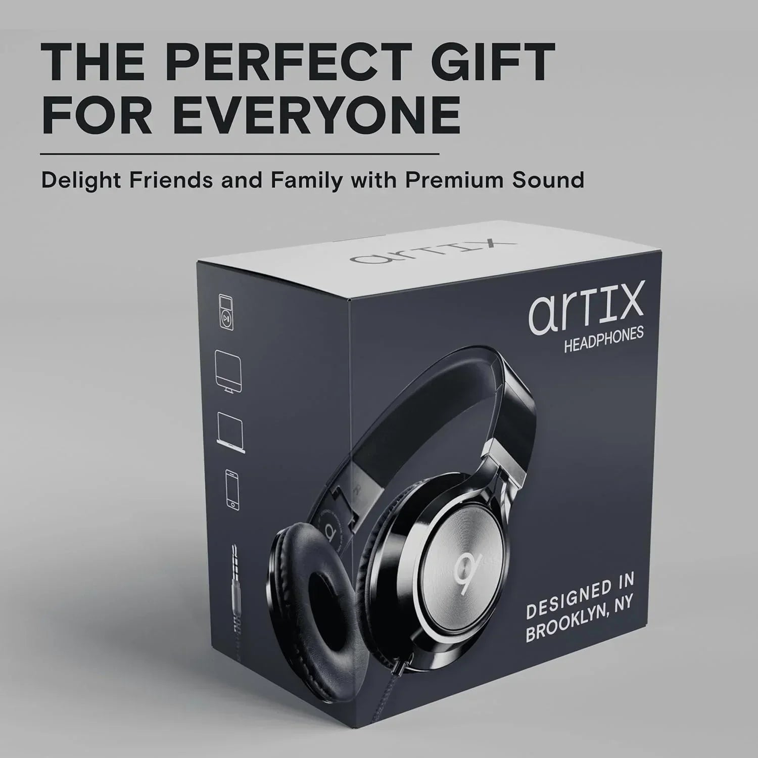 Artix headphones retail box with black over-ear wired headphones, premium sound gift