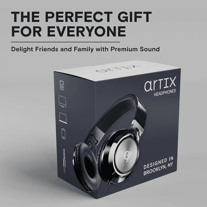 Artix headphones retail box with black over-ear wired headphones, premium sound gift