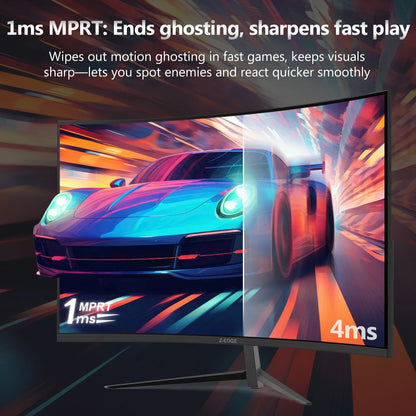 Curved gaming monitor showing sharp blue sports car image with 1ms MPRT motion clarity vs 4ms blur for fast gameplay