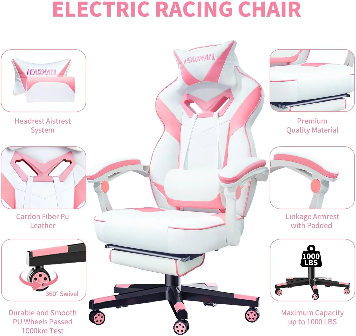 White and pink electric racing gaming chair with headrest, padded armrests, PU leather, swivel wheels, and 1000 lbs capacity