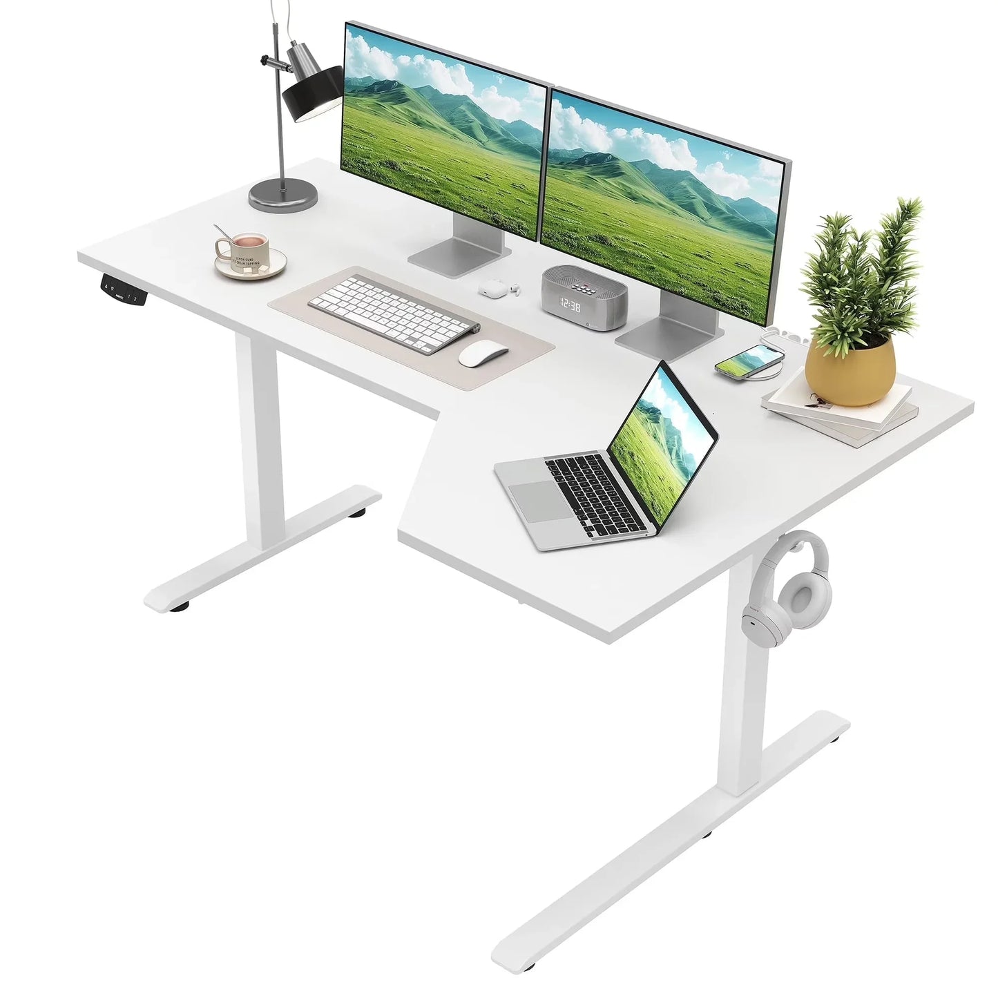 55.1 Inch Electric L-Shaped Height Adjustable Standing Desk, Sit to Stand Corner Desk with Memory Presets and Hooks, Ergonomic Home Office Computer Desk for Workstations, Rustic Brown