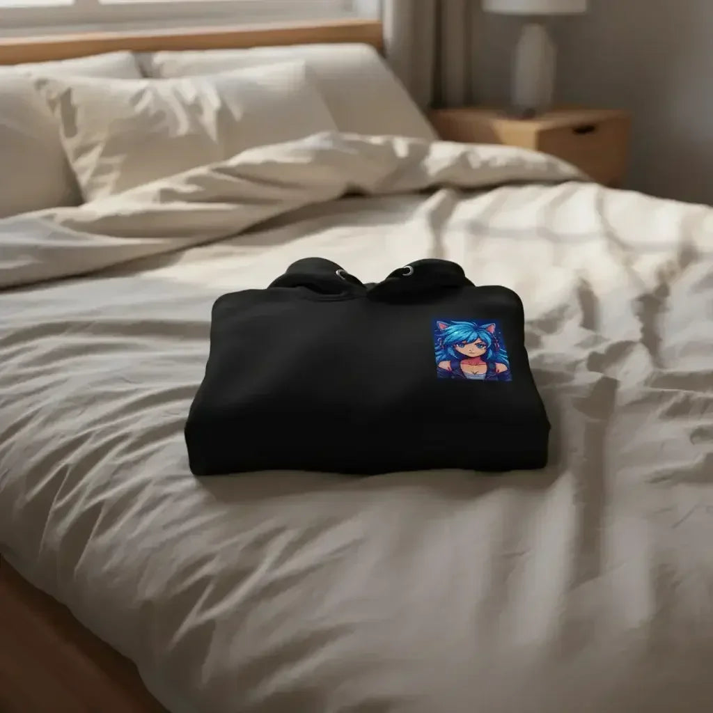 Black hoodie with anime girl print folded on beige bed in cozy bedroom setting