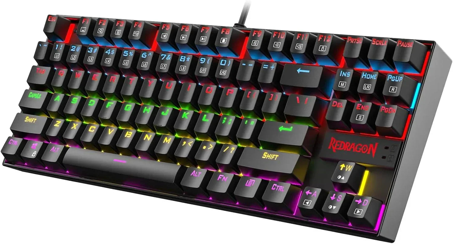 RGB backlit Redragon mechanical gaming keyboard with colorful keycaps, modern setup