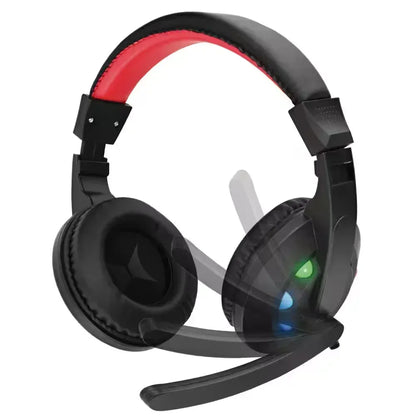 Black gaming headset with adjustable microphone, red headband, and LED earcup lights