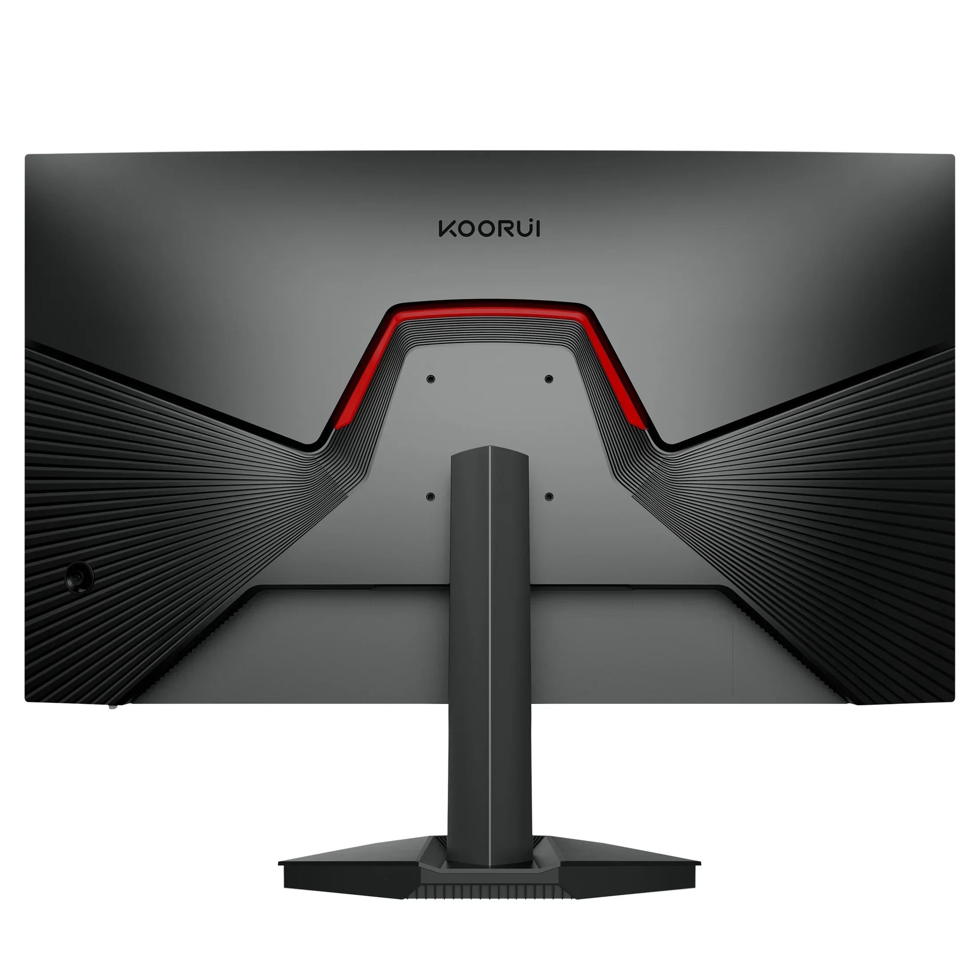 Rear view of Koorui curved gaming monitor with black and red accents and ribbed design