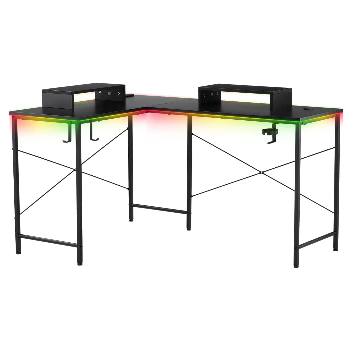 L-Shaped Gaming Desk with RGB Light and Removable Storage Stands, Black