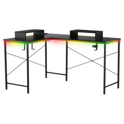 L-Shaped Gaming Desk with RGB Light and Removable Storage Stands, Black