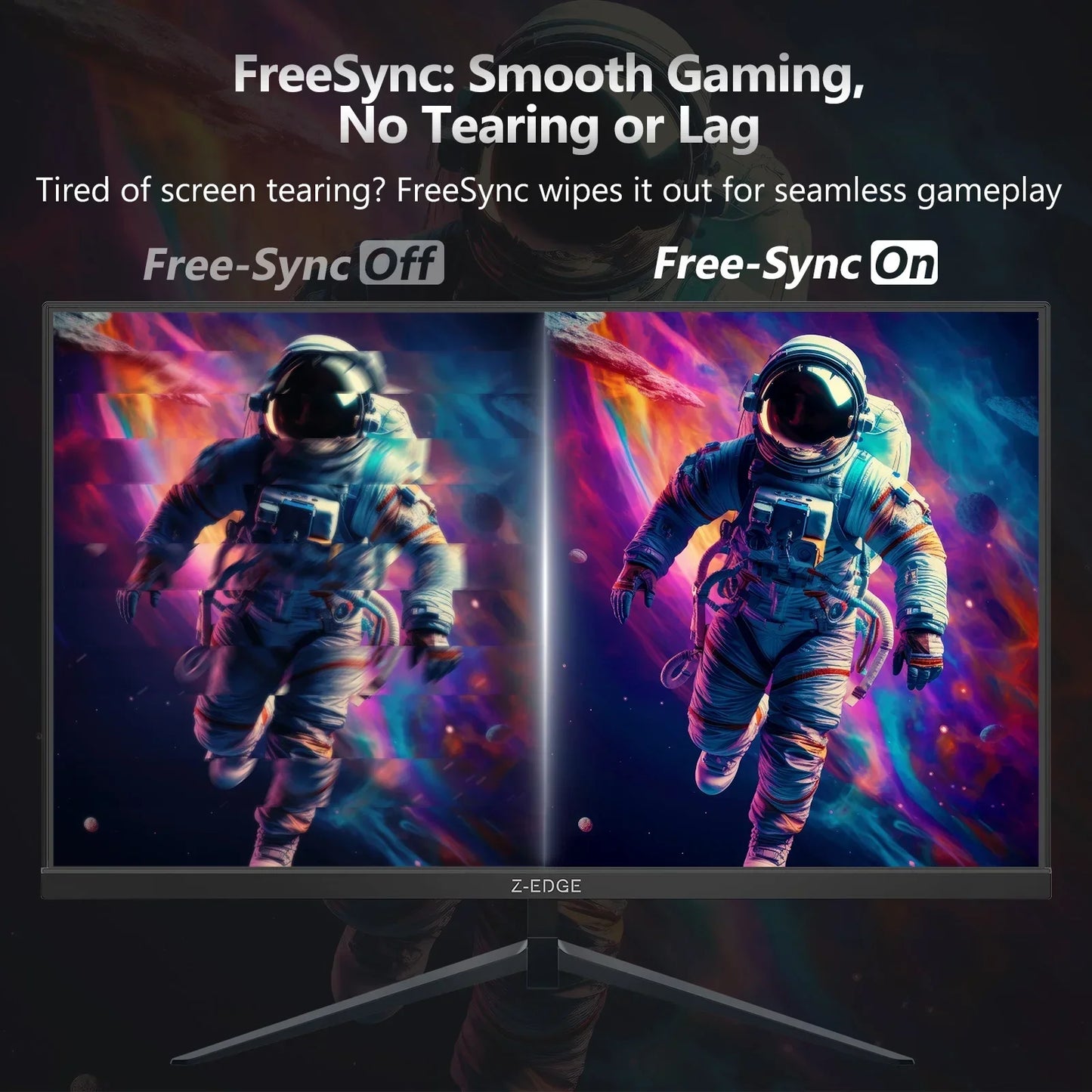 Gaming monitor demonstrating FreeSync technology with clear astronaut image on the right and screen tearing on left