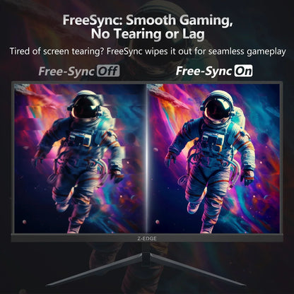 Gaming monitor demonstrating FreeSync technology with clear astronaut image on the right and screen tearing on left