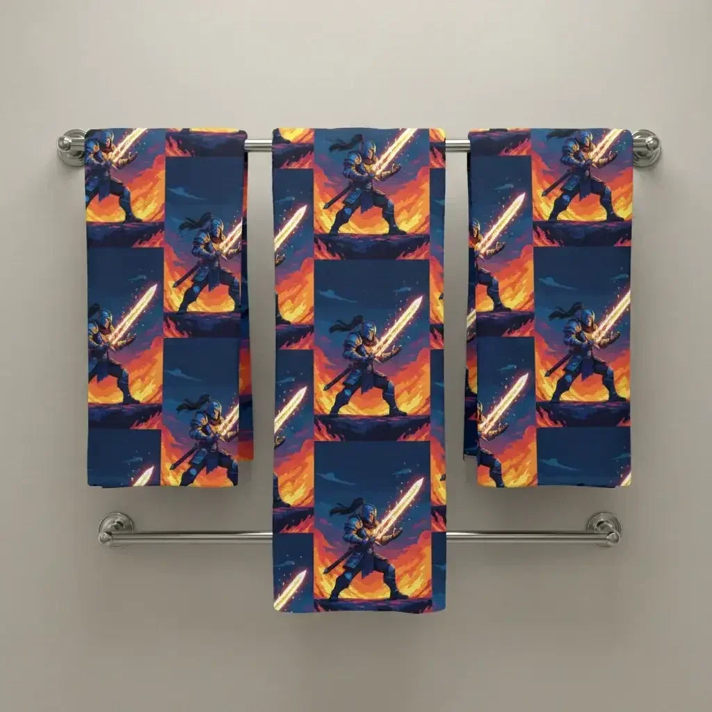 Set of three towels with vibrant pixel art knight wielding glowing sword against fiery sunset backdrop