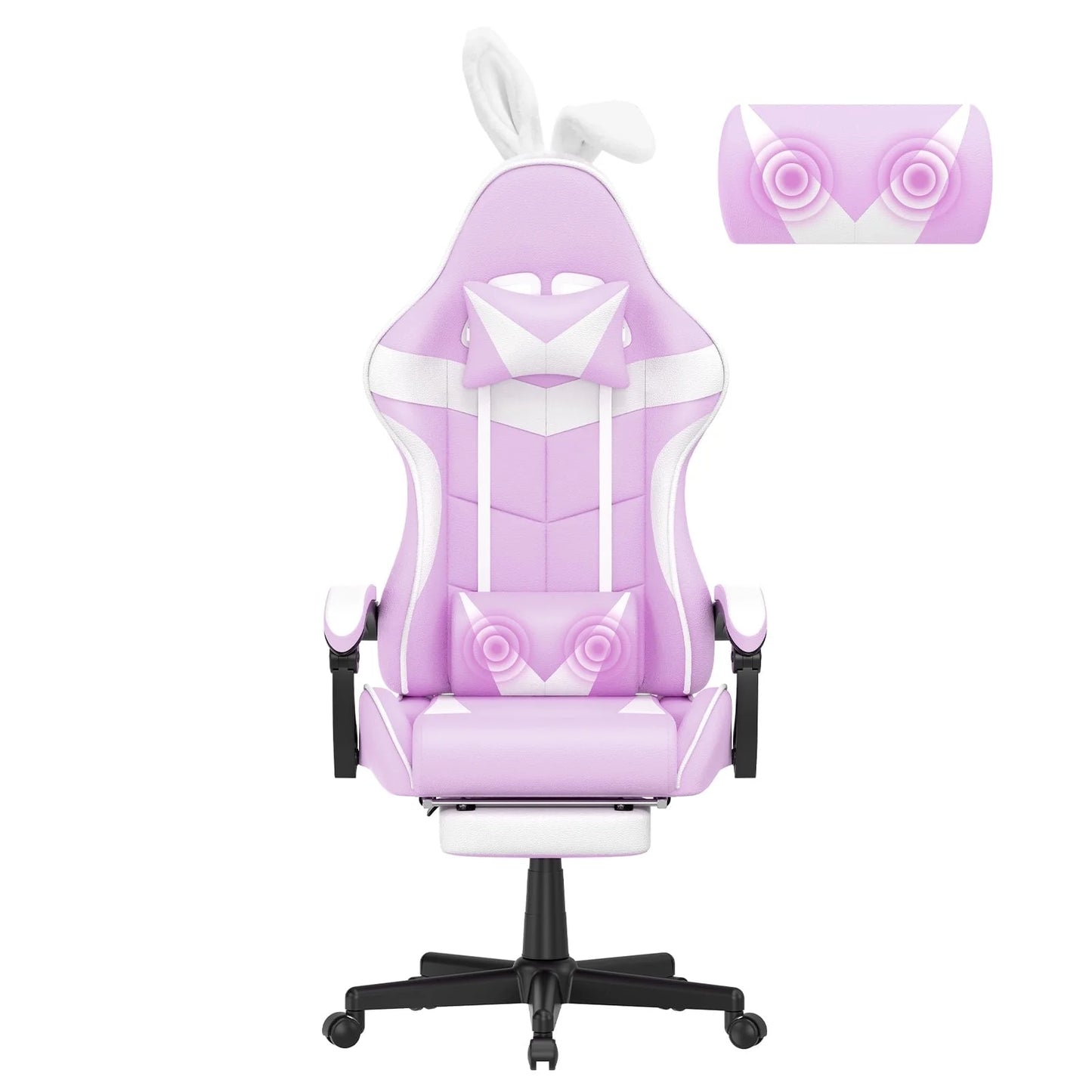 Pink and white gaming chair with bunny ears, owl lumbar pillow, and ergonomic design for gamers