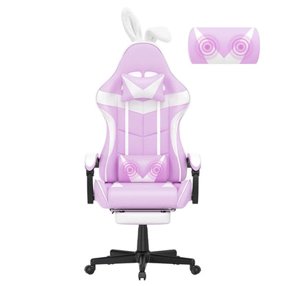 Pink and white gaming chair with bunny ears, owl lumbar pillow, and ergonomic design for gamers