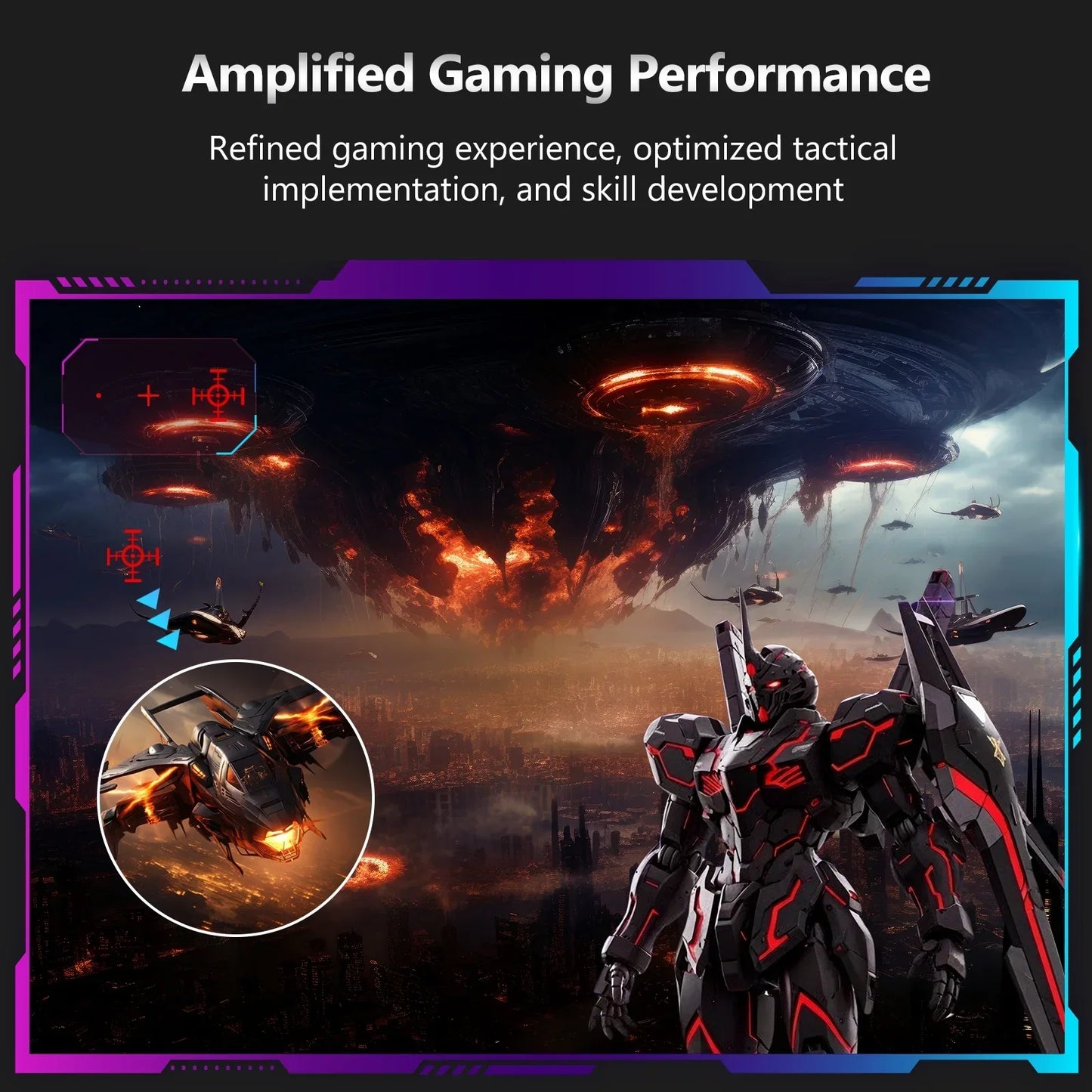 Futuristic gaming scene with a glowing red and black mech, fiery aircraft, and a volcanic city backdrop