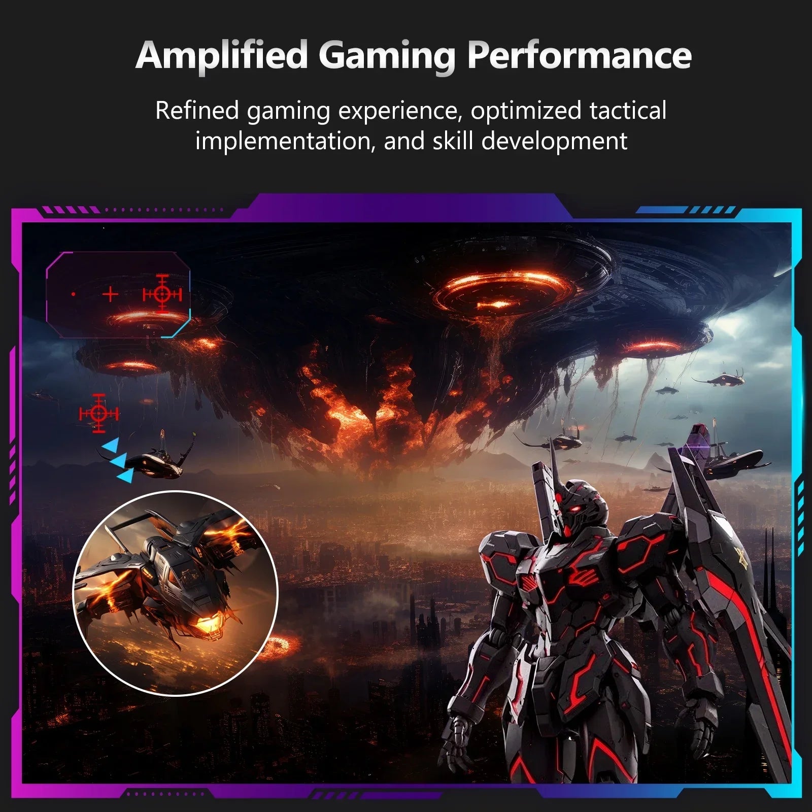 Futuristic gaming scene with a glowing red and black mech, fiery aircraft, and a volcanic city backdrop