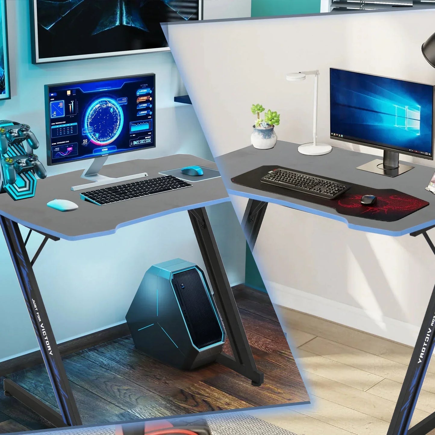 Modern gaming and office desks with monitors, keyboards, mouse, gaming controllers, and desktop PC in bright room
