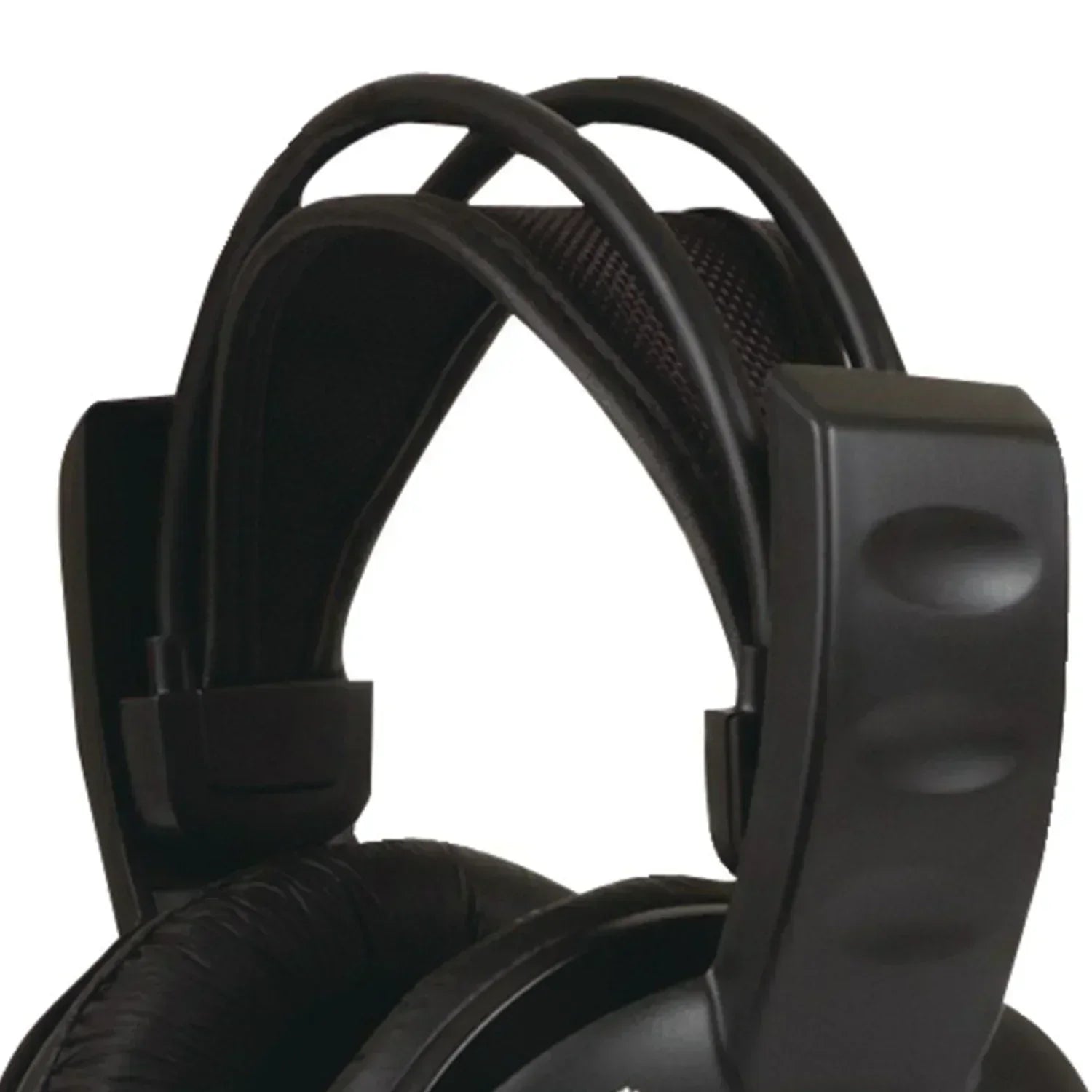Close-up of black over-ear gaming headset with padded headband