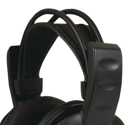 Close-up of black over-ear gaming headset with padded headband