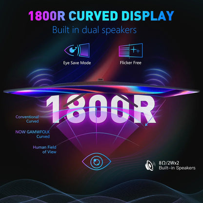 1800R curved display with built-in dual speakers, eye save mode, flicker free technology