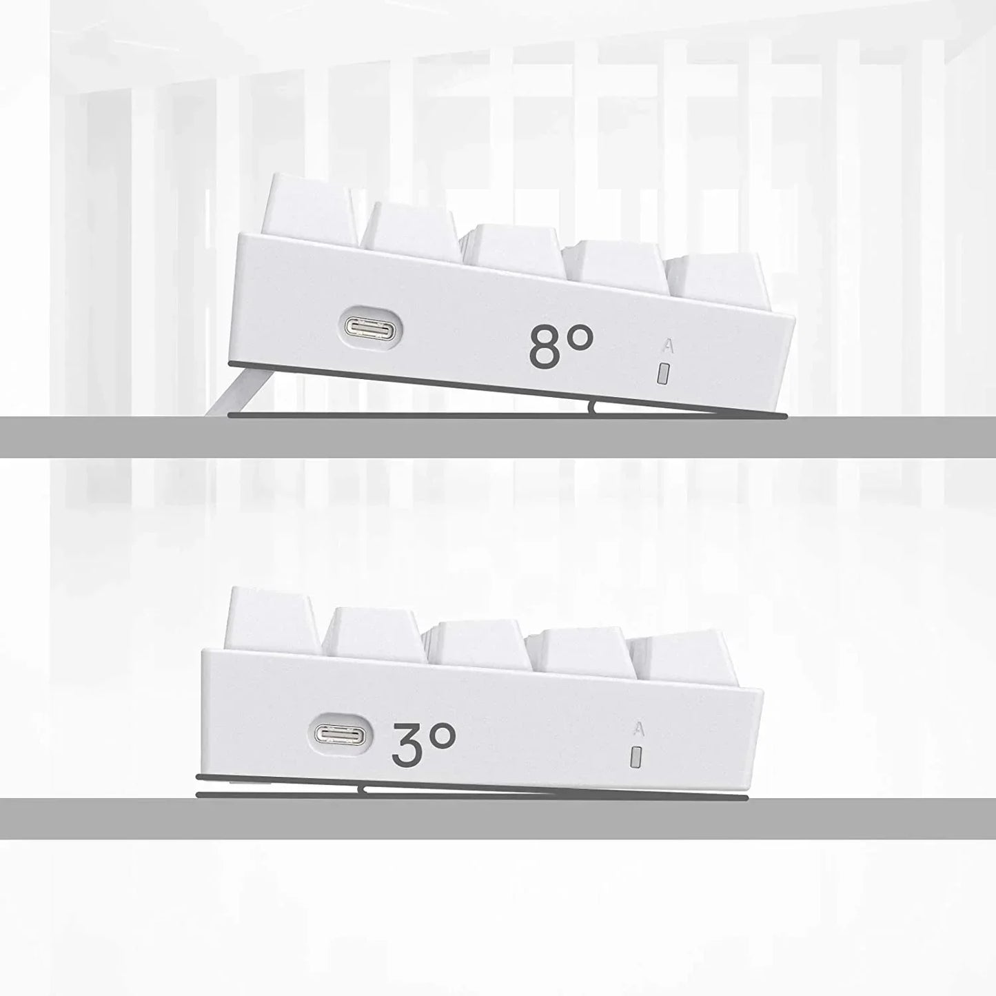 White gaming keyboard side view showing 8-degree and 3-degree adjustable tilt, USB-C port