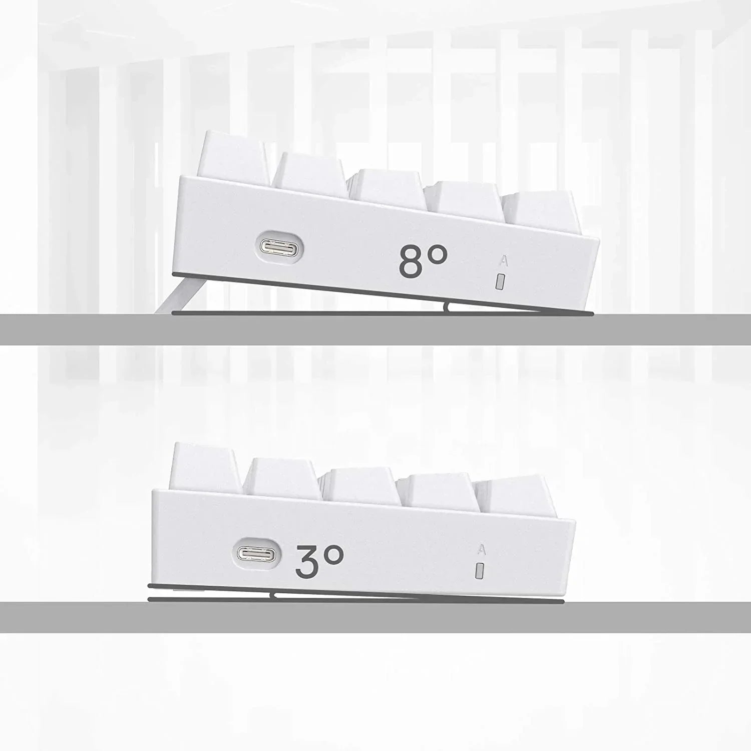 White gaming keyboard side view showing 8-degree and 3-degree adjustable tilt, USB-C port