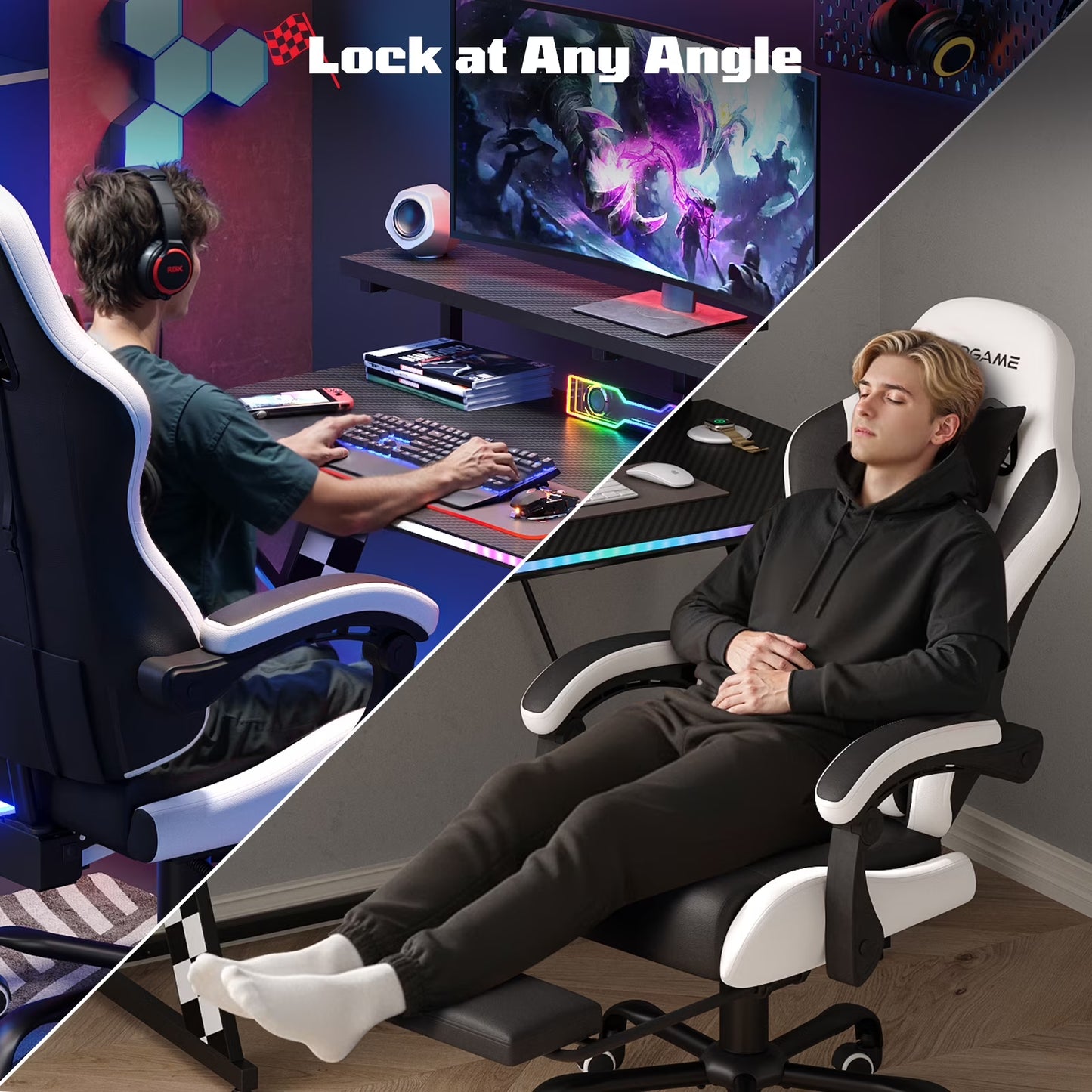 Ergonomic gaming chair with recline feature, RGB desk setup, and adjustable angle lock for comfort
