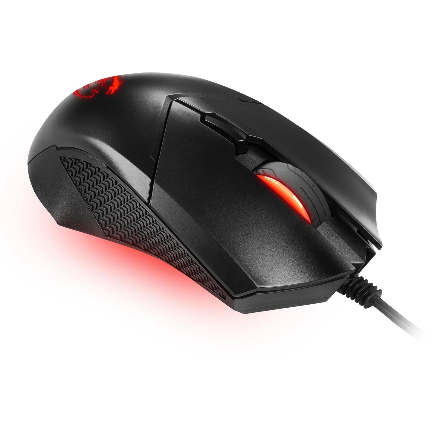 Black wired gaming mouse with red LED lighting on scroll wheel and logo, textured grip on side