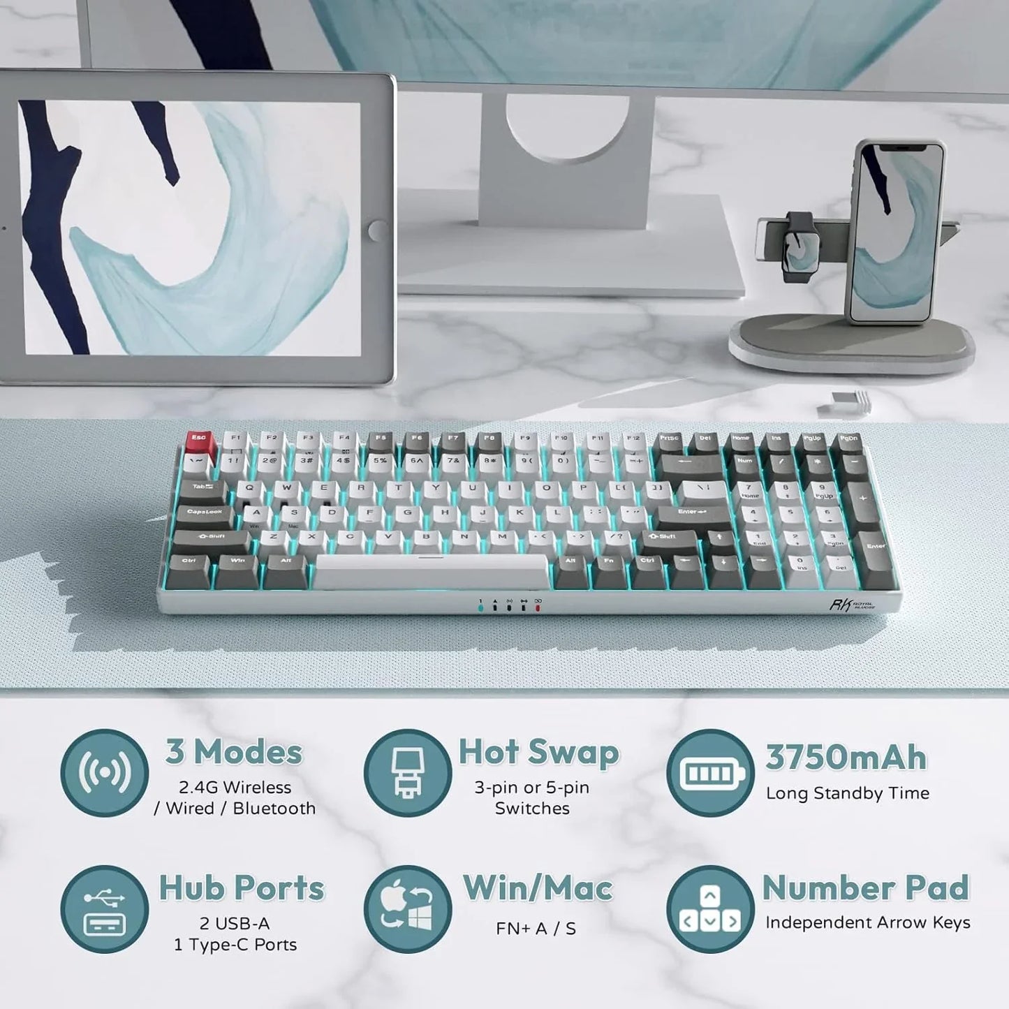 RK Royal Kludge wired and wireless mechanical keyboard with RGB lighting on white desk featuring tablet and phone stands