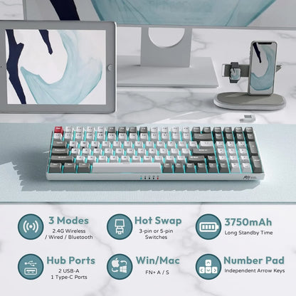RK Royal Kludge wired and wireless mechanical keyboard with RGB lighting on white desk featuring tablet and phone stands