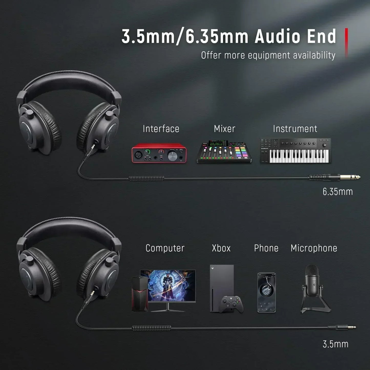 Over-ear headphones with 3.5mm and 6.35mm audio jacks compatible with PC, Xbox, phone, mixer, and instruments