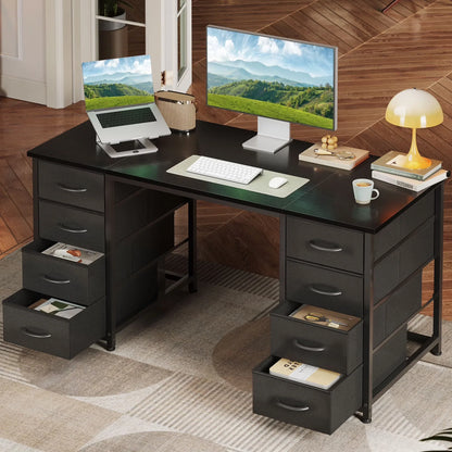 Vintage Computer Desk with Drawers for Storage - 55 Inch Home Office Desk with 8 Fabric Drawers, Writing Study Desk with Drawers on Both Sides for Bedroom