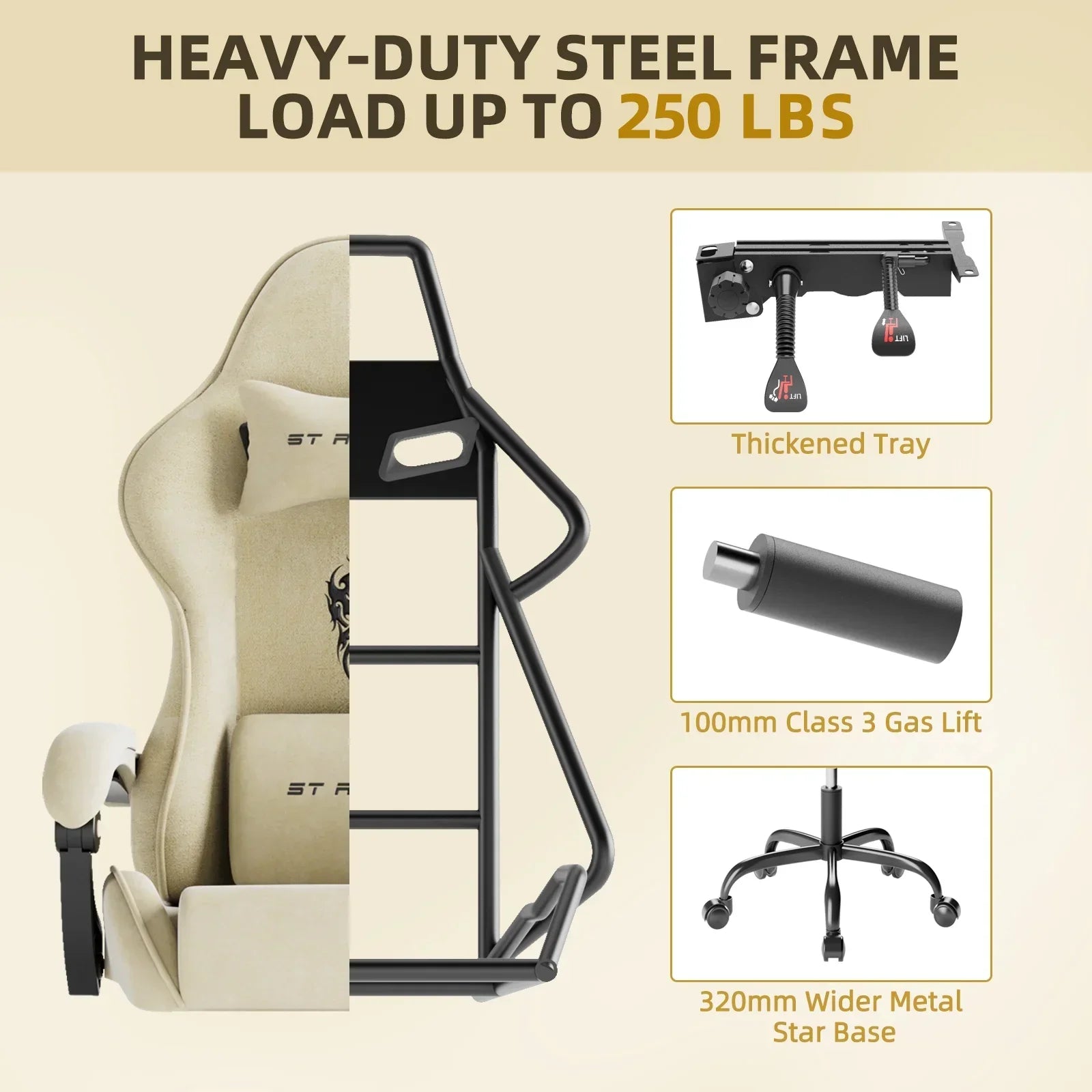 Beige gaming chair with heavy-duty steel frame, 250 lbs capacity, thickened tray, Class 3 gas lift, wide star base
