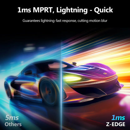 Split image of a sports car with 5ms motion blur on left and sharp 1ms response with Z-EDGE on right showing lightning-fast display performance