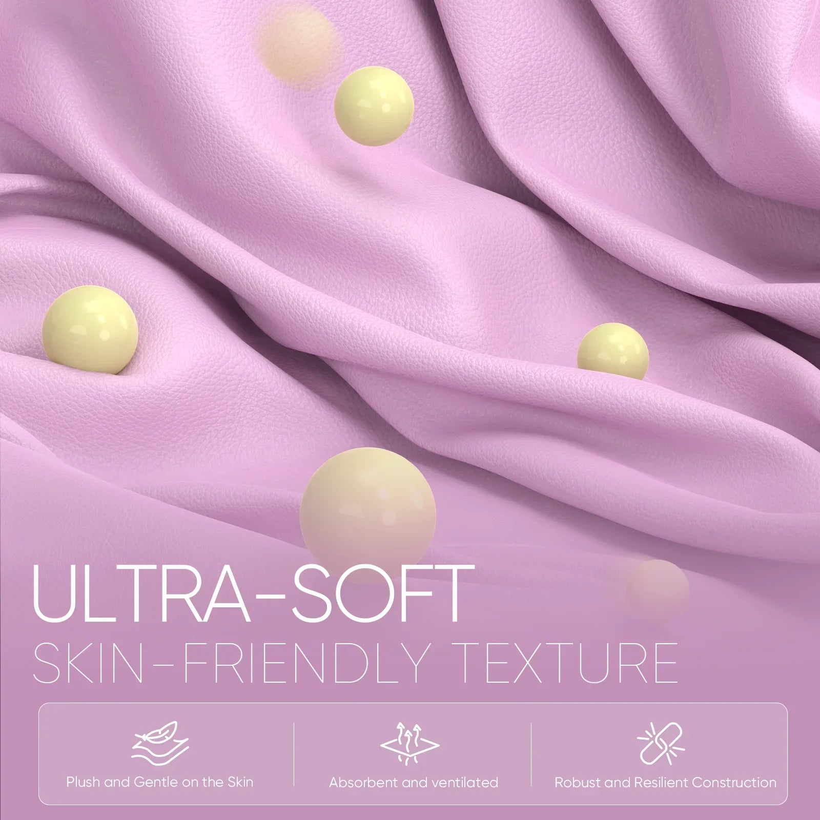 Purple ultra-soft fabric with skin-friendly texture and floating cream-colored spheres