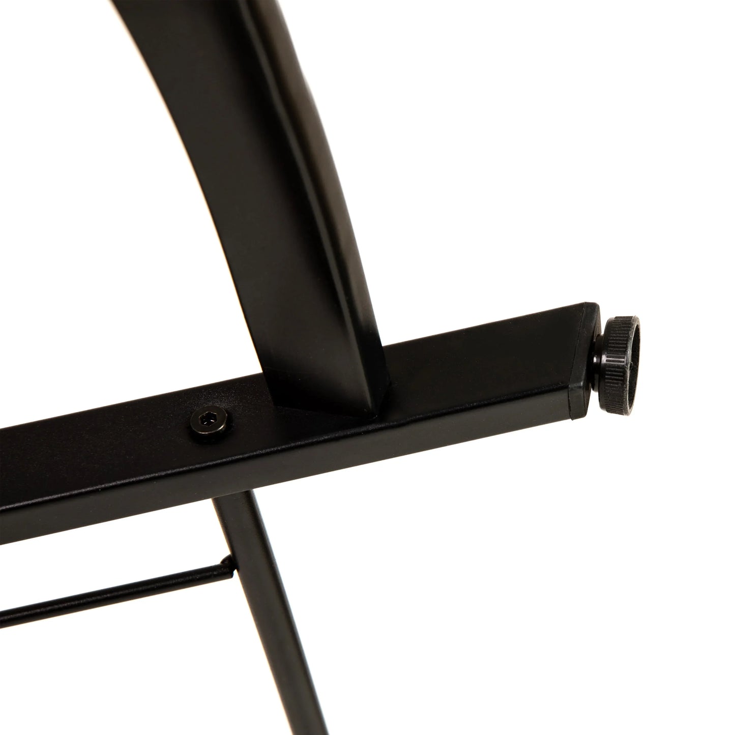 Close-up of black metal furniture leg with adjustable foot and screw detail