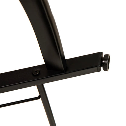 Close-up of black metal furniture leg with adjustable foot and screw detail