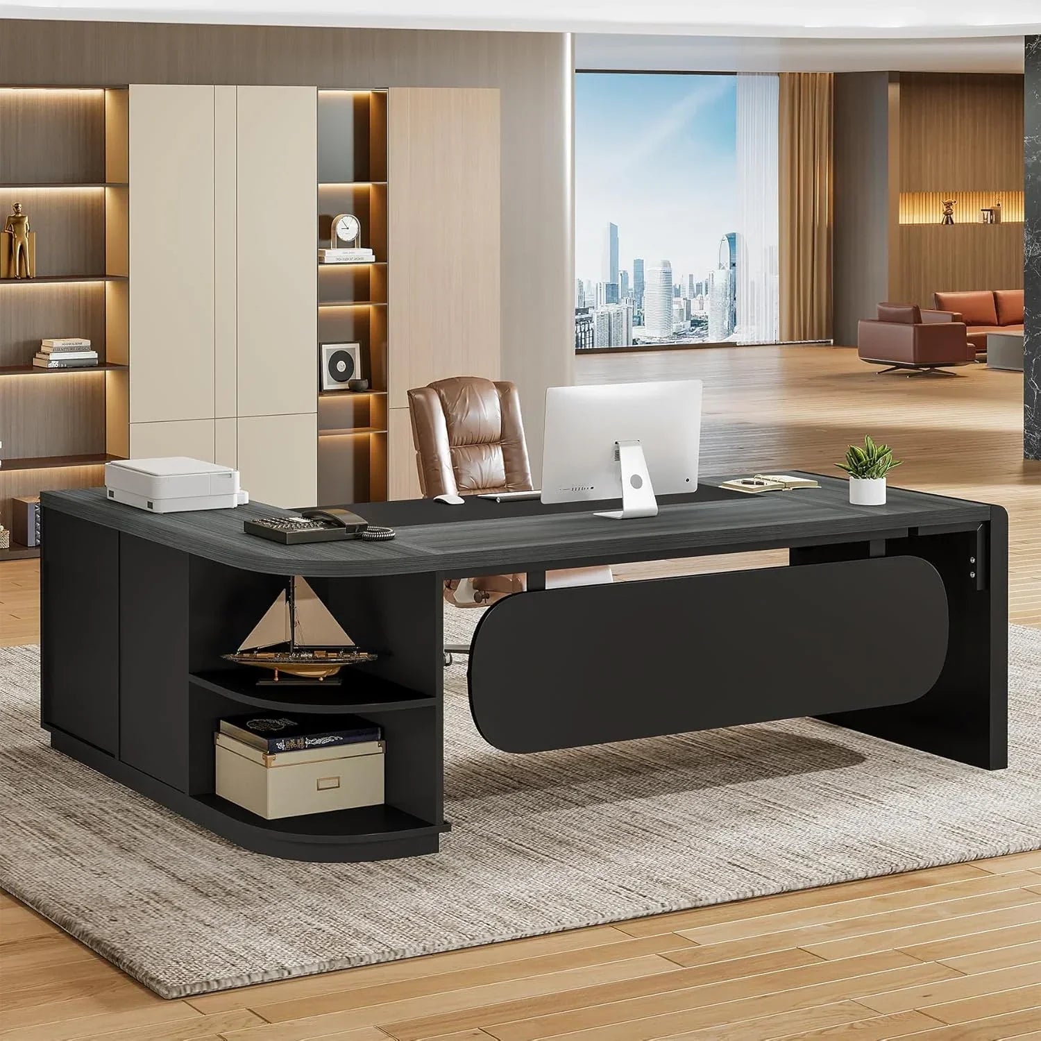 80 Inches Executive Desk, L-Shaped Office Desk with 55 Inches Cabine