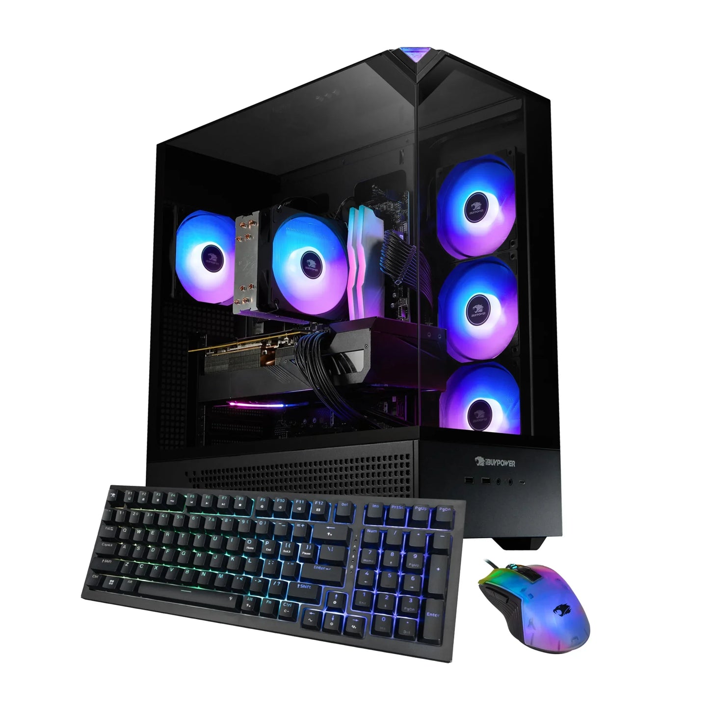 iBUYPOWER gaming desktop PC with RGB cooling fans, RGB mechanical keyboard, and RGB gaming mouse