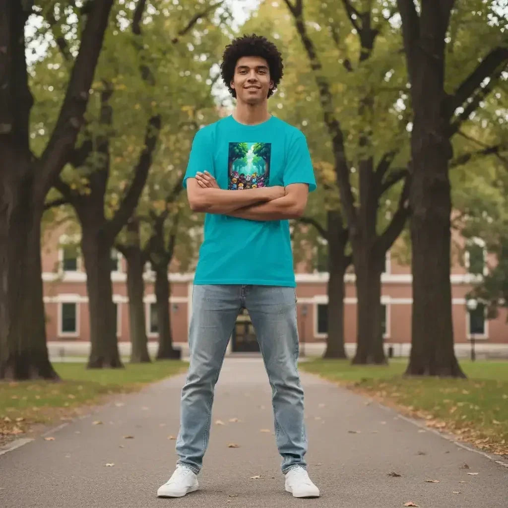 Young man standing on tree-lined path wearing turquoise graphic t-shirt and jeans in autumn park