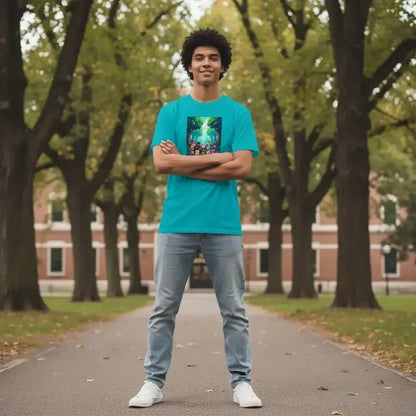 Young man standing on tree-lined path wearing turquoise graphic t-shirt and jeans in autumn park
