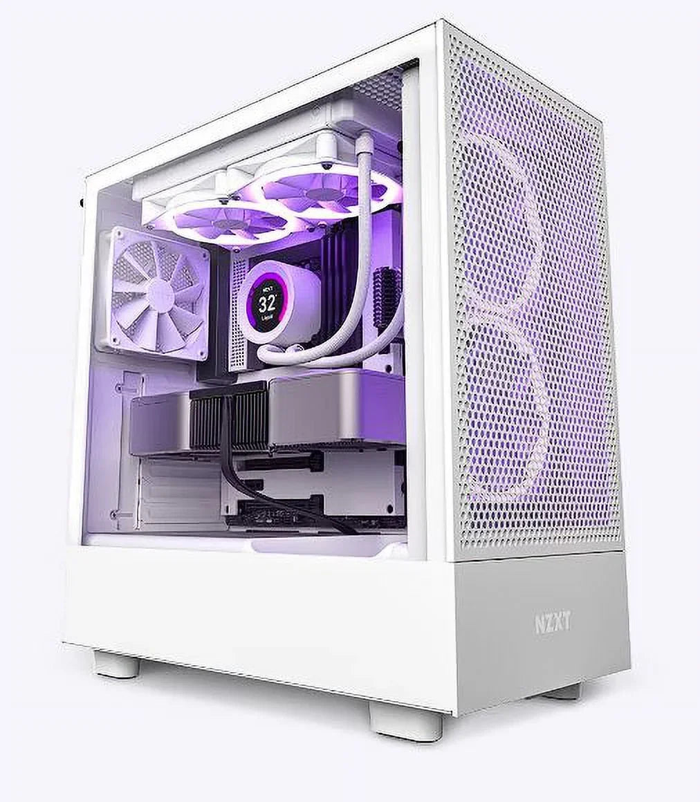 White NZXT gaming PC case with visible liquid cooling system and purple RGB fans inside