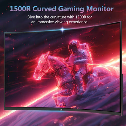 1500R curved gaming monitor displaying glowing astronaut riding a neon horse for immersive gaming