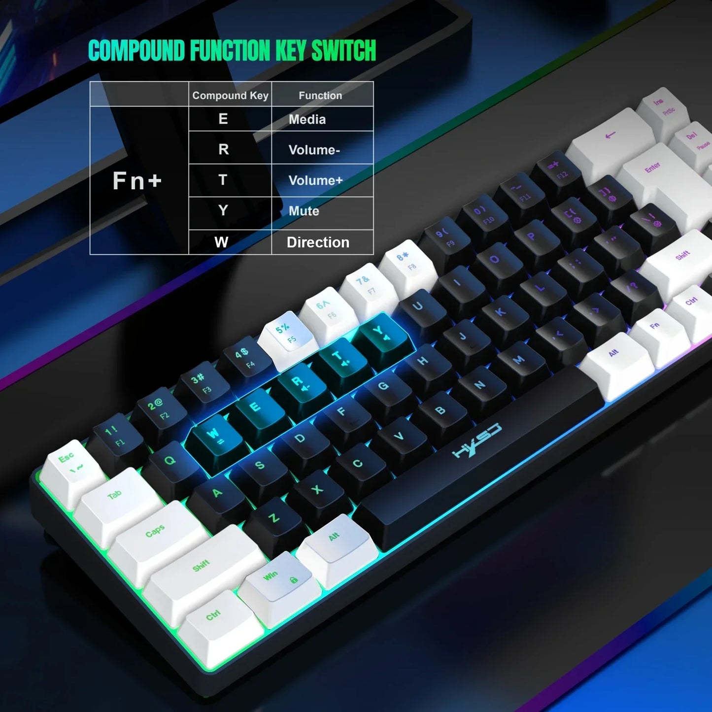 Mechanical keyboard with white and black keys, blue backlighting on W, E, R, T, Y keys, showing Fn+ compound function key switch chart