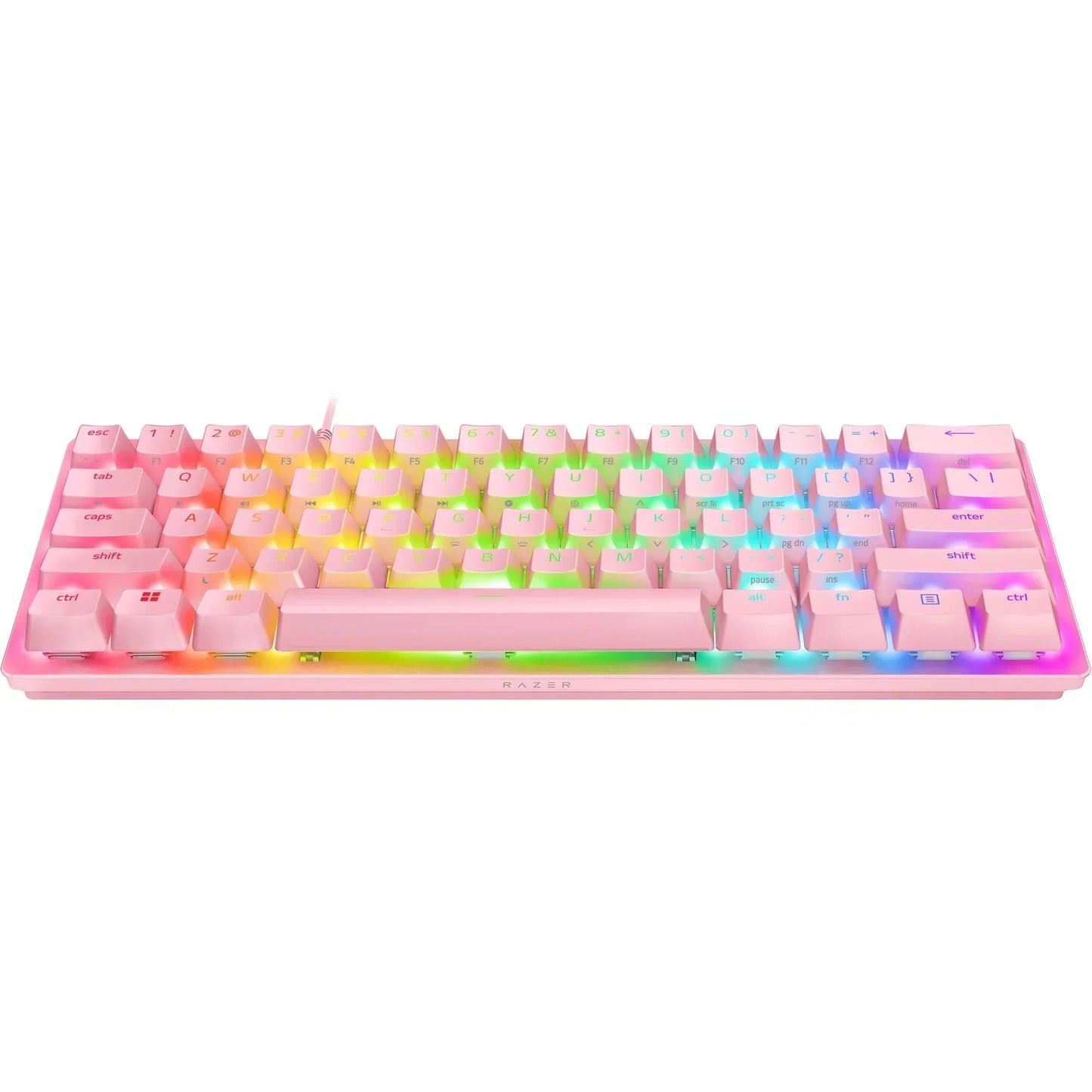 Pink RGB gaming keyboard with pastel rainbow backlight, modern compact 8-bit style
