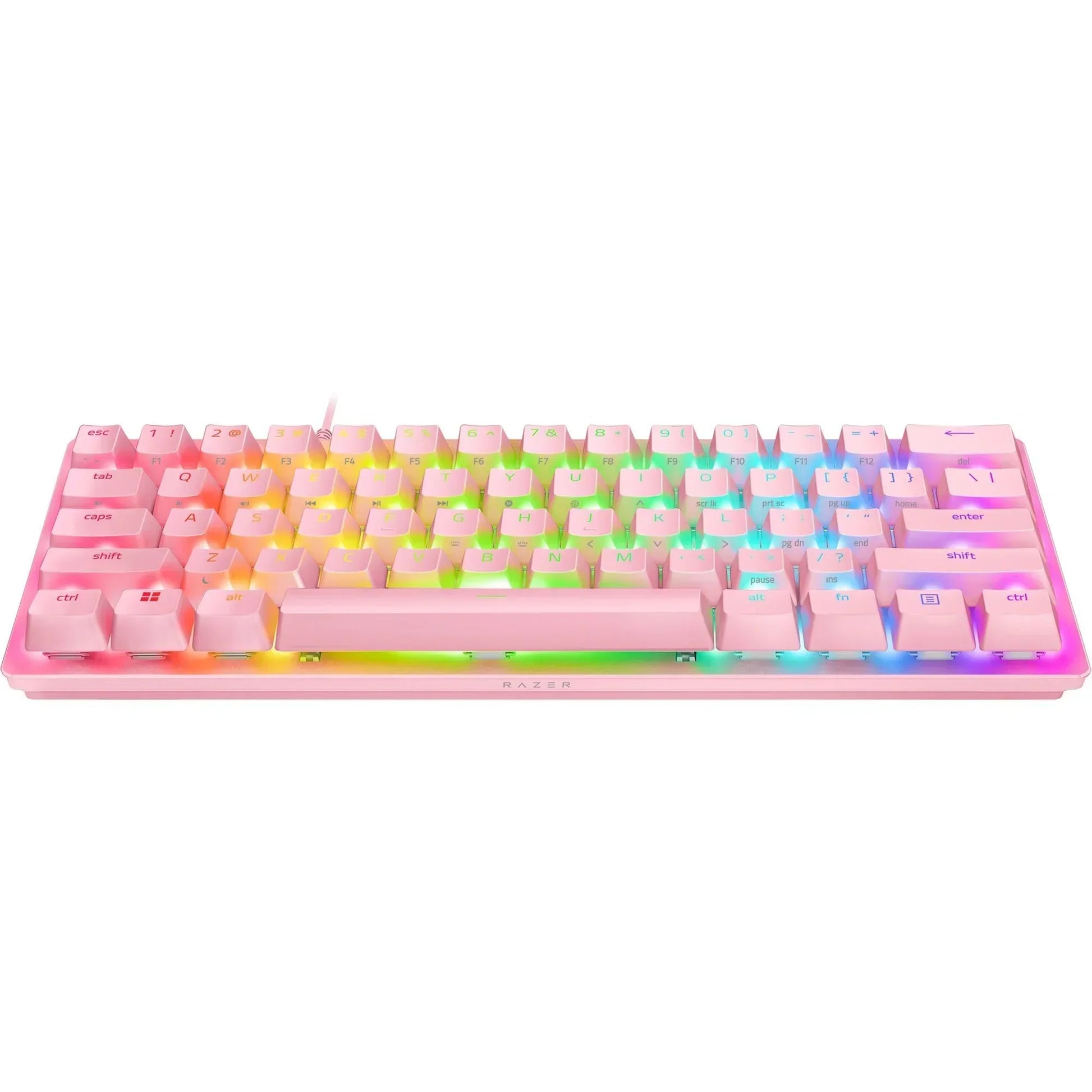 Pink RGB gaming keyboard with pastel rainbow backlight, modern compact 8-bit style