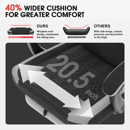 Gaming chair seat cushion comparison showing 40% wider wingless design for greater comfort versus traditional winged cushions