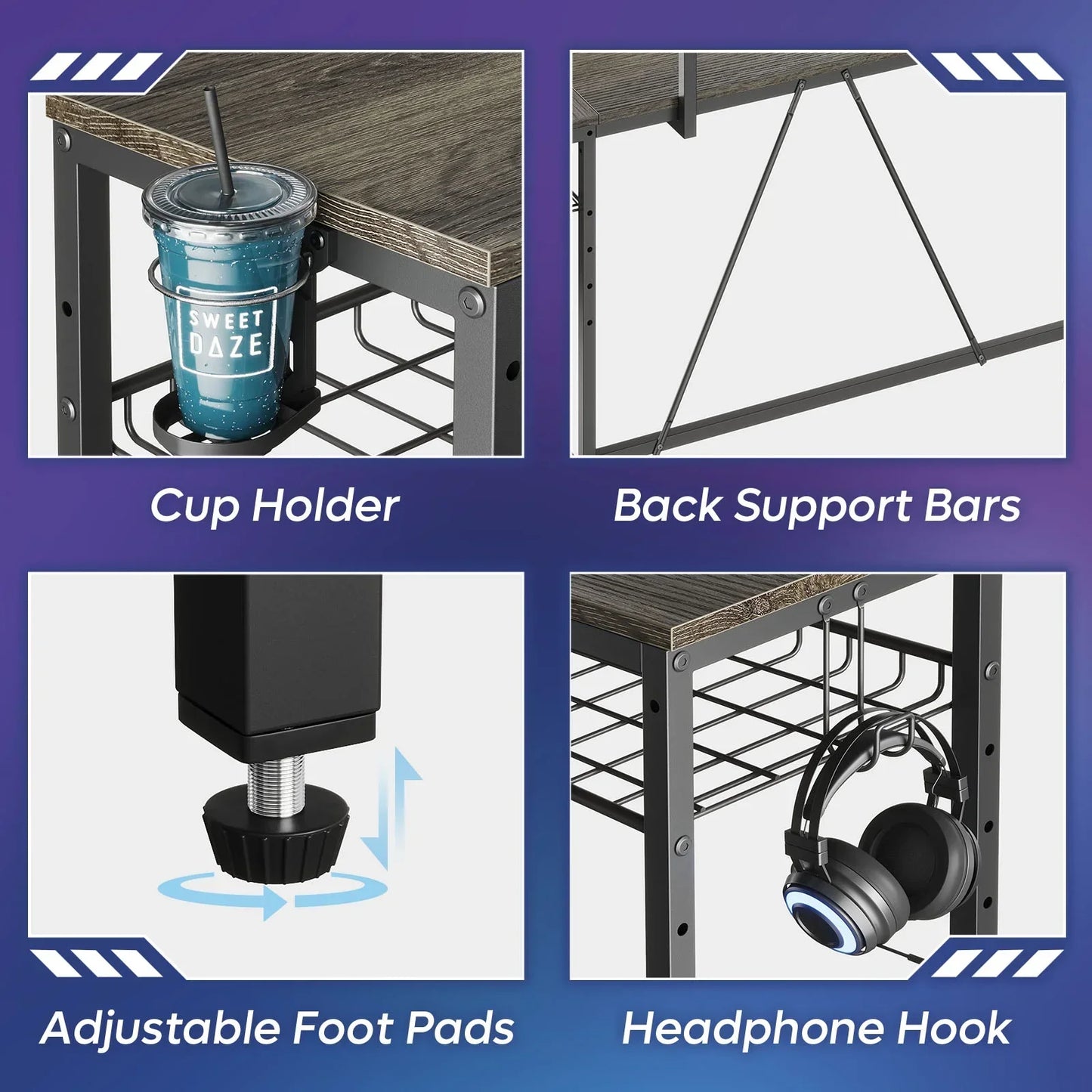 Desk features close-up of cup holder with drink, back support bars, adjustable foot pads, and headphone hook