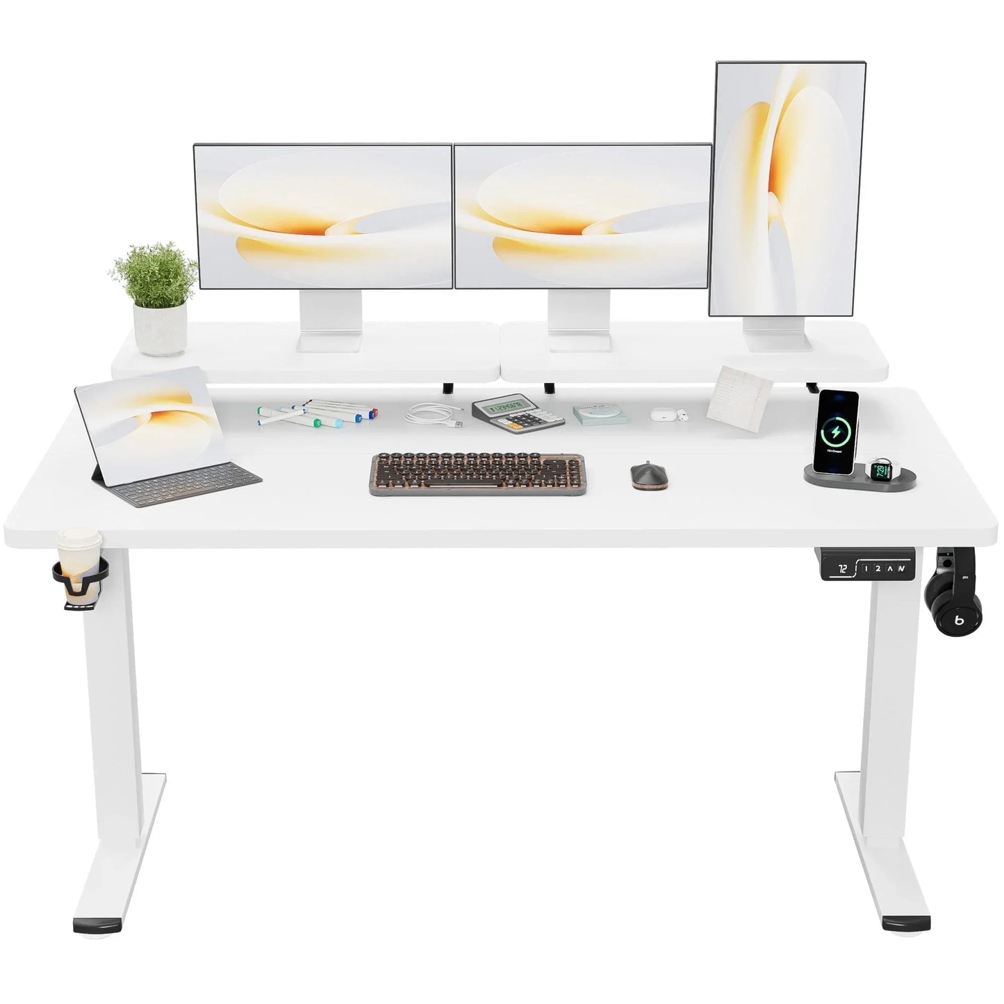 47" Wide Home Office Electric Height Adjustable Standing Desk Lifting Range 28~46" Computer Desk with Monitor Stand,White