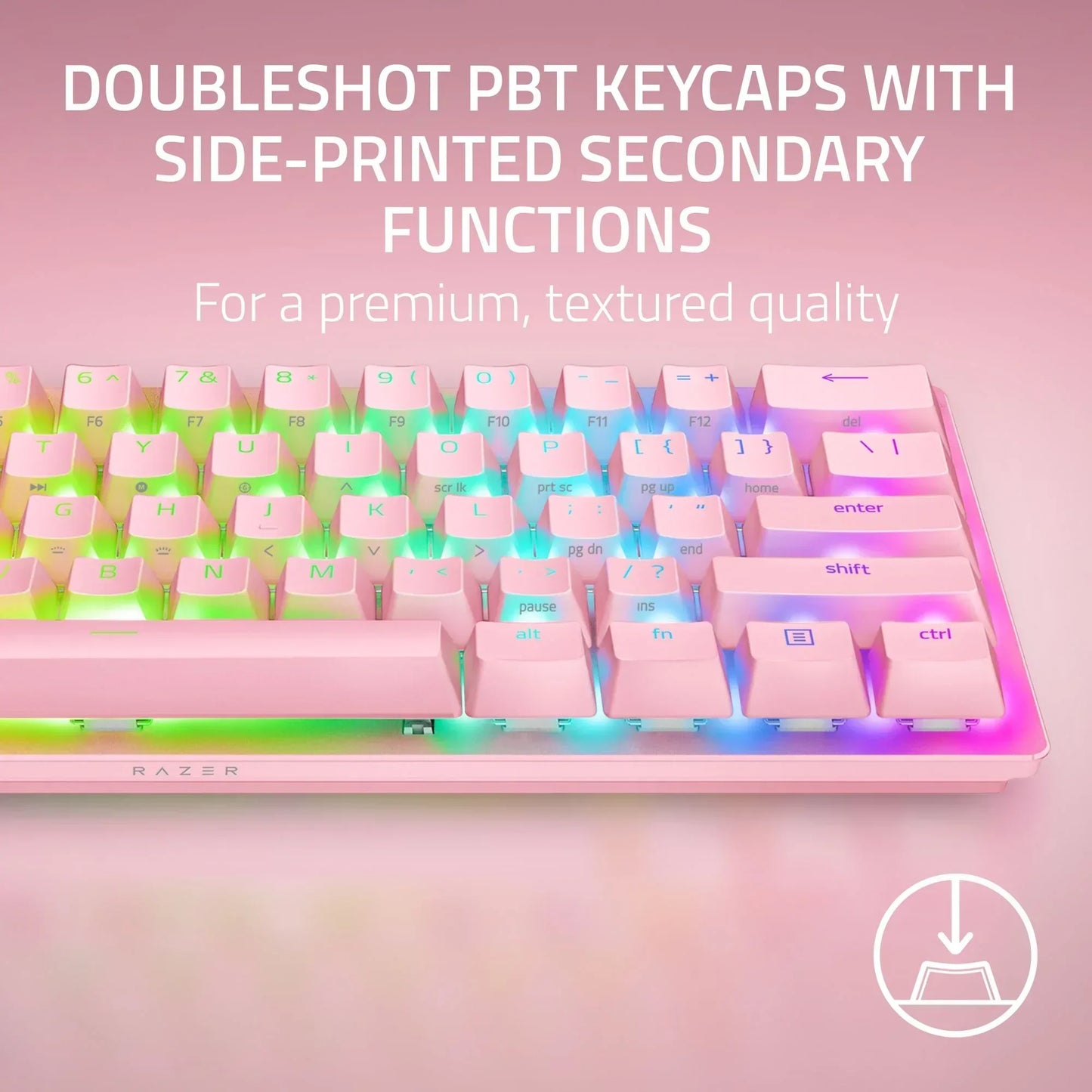 Pink Razer gaming keyboard with RGB lighting and doubleshot PBT keycaps, Byte Style gear