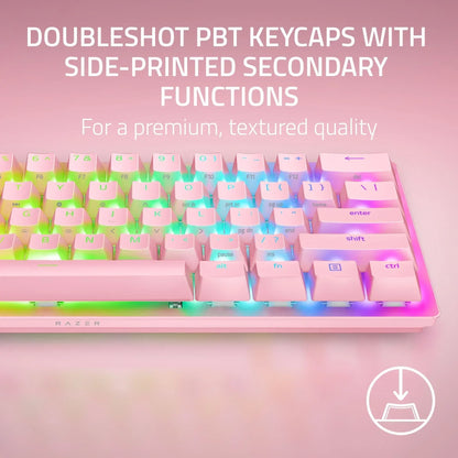 Pink Razer gaming keyboard with RGB lighting and doubleshot PBT keycaps, Byte Style gear