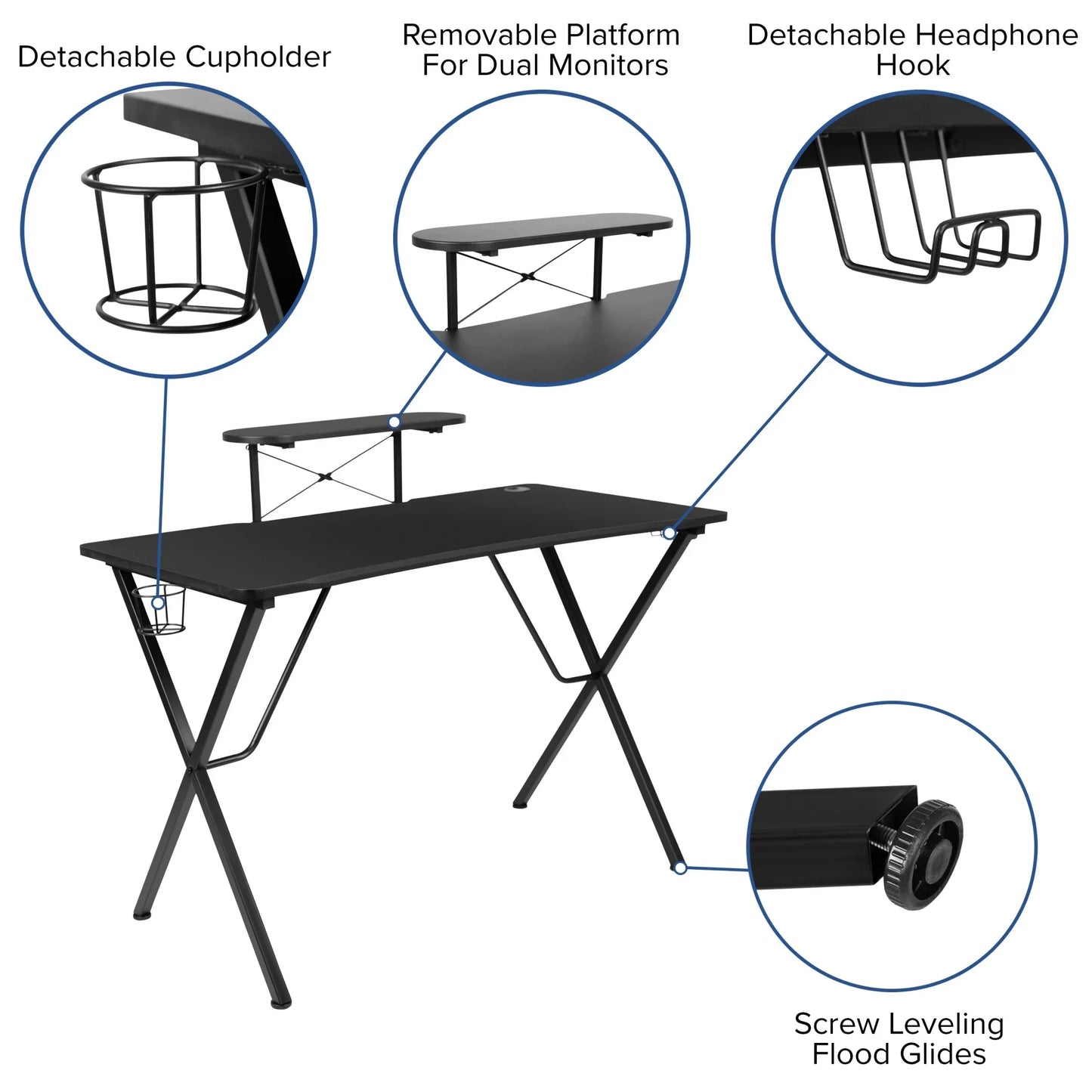 Black gaming desk with detachable cupholder, headphone hook, removable platform for dual monitors, and adjustable leveling glides